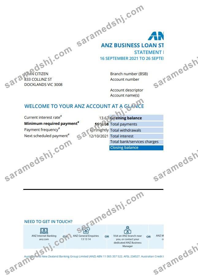 Australia ANZ proof of address bank statement template in .xls and .pdf format, fully editable